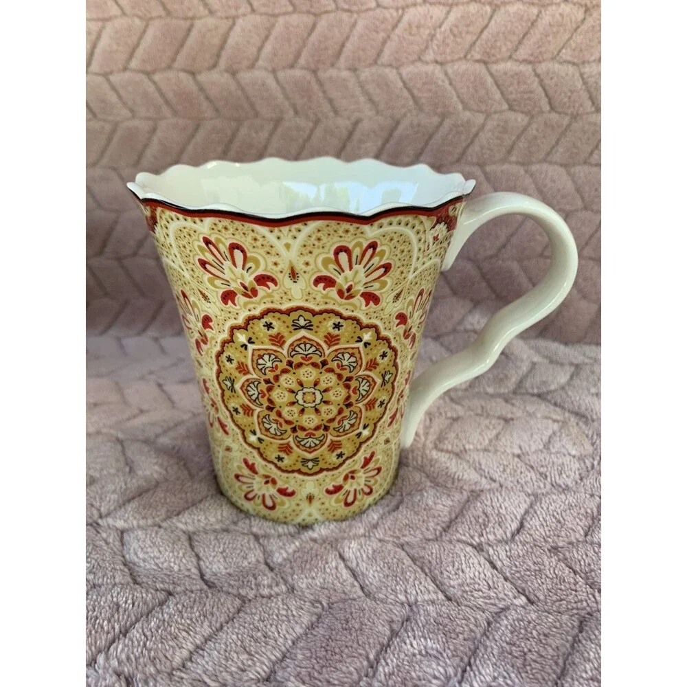 Lyria Saffron By 222 FIFTH 3 Mugs Scalloped Edges Floral Mandala Type design New